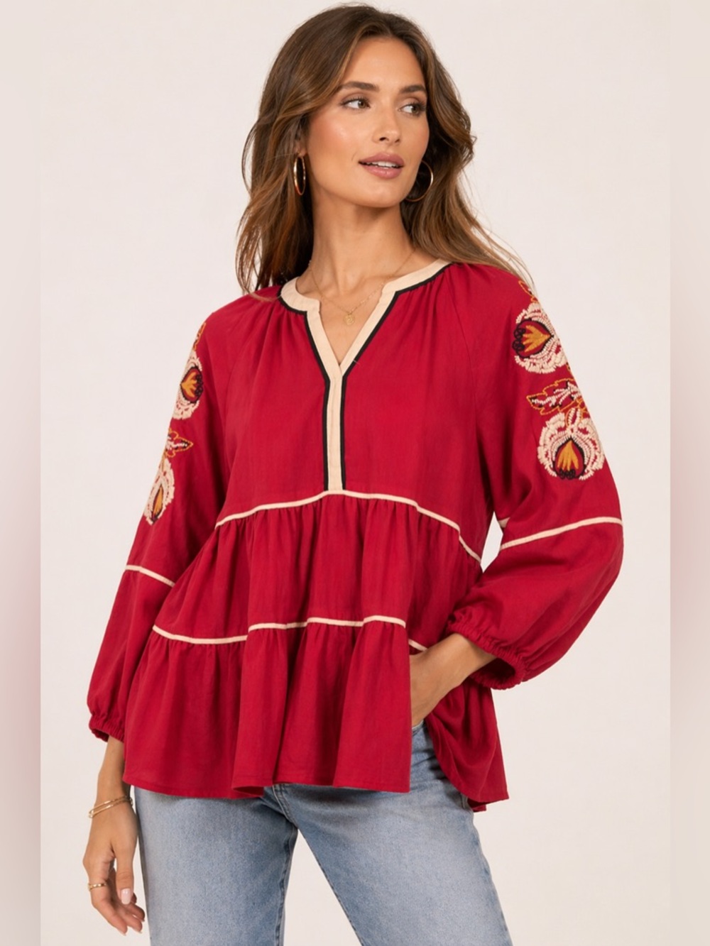 Entro Red Embroidered Boho Peplum Blouse Size M